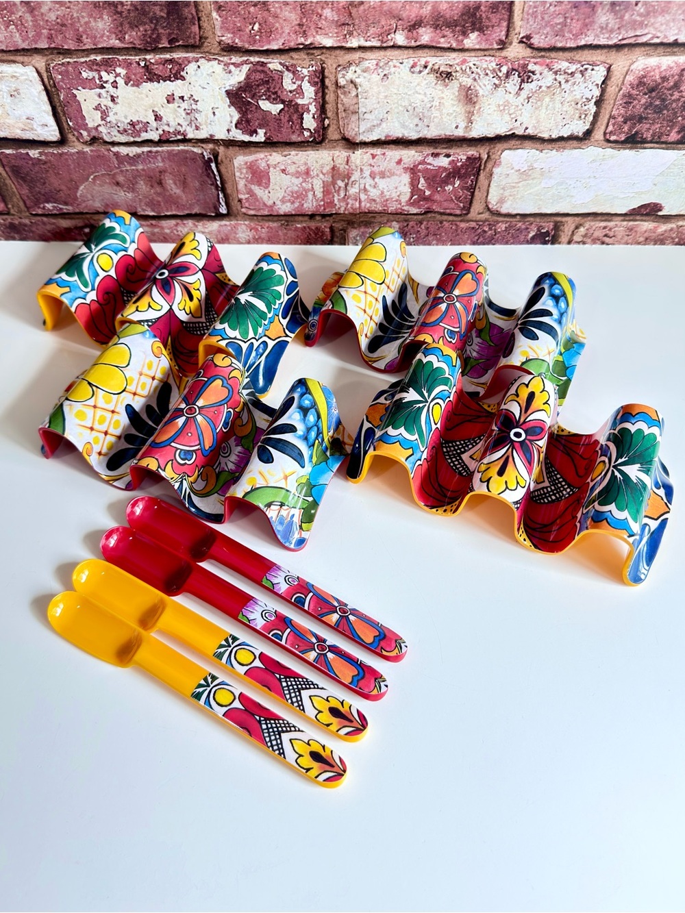 Multi Taco Holders ~ Wavy Floral/Solid Red & Yellow Design w/ Salsa Spoons